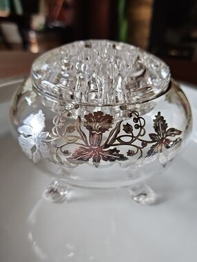 Rare Vintage Beaumont Glass Silver Overlay Footed Flower Vase with Flower Frog